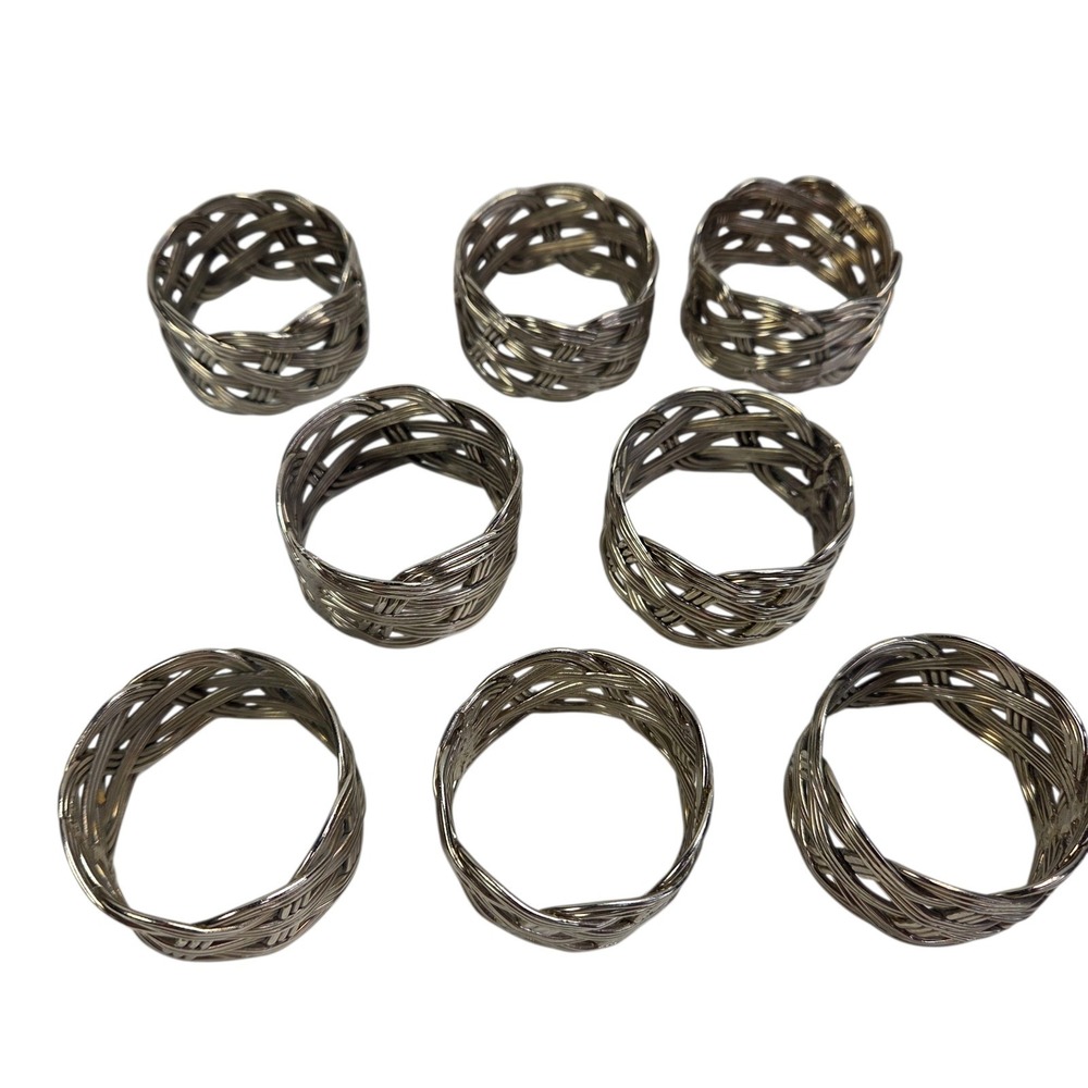 Napkin Rings Set of 8 Metal Woven Braided Holders Silver Tone Dinner Luncheon